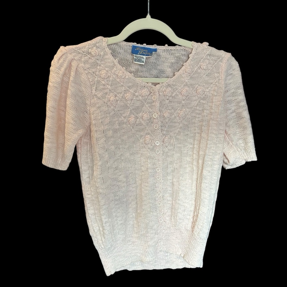 VINTAGE 80s LIANA PETITES Pale Pink Pointelle Rosette Sweater Puff Sleeve S